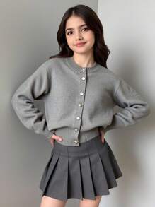 SHEIN 青少年女孩休闲家居服/街头服饰纽扣式圆领长袖开衫，麻灰色 - 灰色 - 查看 1