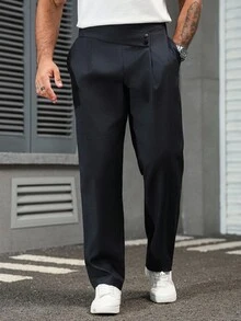 Manfinity Homme 男士简约纯色褶皱口袋西装裤，休闲日常穿着高腰休闲裤，商务正装风格，复古风 - 藏蓝色 - 查看 5