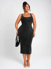 SHEIN SXY 大码女式春夏性感日常基本款复古水洗方领无袖紧身拉链 V 领休闲中长连衣裙