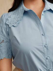 Anewsta Áo kiểu nữ tay ngắn thêu hoa cổ bẻ thời trang thanh lịch mùa hè đa năng đi làm - Màu xanh lam - Xem 8