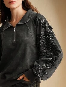 Anewsta Crew Neck Sleeve Patch Sweatshirt, Long Sleeve, Suitable For Fall, Autumn, Winter, Elegant, Chic, New Year, Casual - Black - View 3