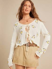 WESTFADE Cárdigan de punto con cuello en V, lazo delantero y bordado floral, corte relajado, tops lindos de otoño para volver a la escuela, estilo campestre