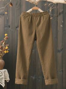 Omancia 女士休闲纯色灯芯绒裤，适合秋季穿着 - 卡其色 - 查看 2
