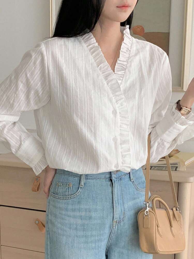 Women's Solid Color Loose Long Sleeve V-Neck Ruffle Casual Elegant Blouse, Suitable For Spring And Autumn,Fall Women Clothes