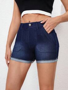 SHEIN EZwear Shorts vaqueros ajustados de verano para mujer con bolsillos inclinados elásticos y puños - Azul - Ver 5