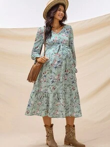 Boho Mama 孕妇休闲花卉印花连衣裙 - 藍色 - 查看 3
