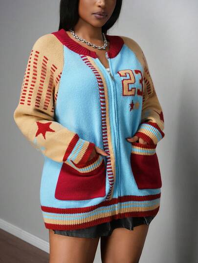 Slaydiva 初秋街头休闲学院风日常休闲蓝撞色红杏色宽松23条纹长袖拉链口袋针织开衫，适合大码女性