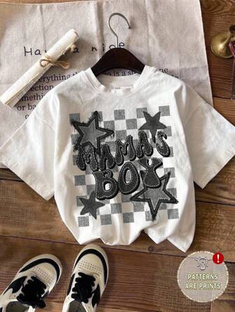 Young Boy Casual Minimalist Faux Denim Checkered Five-Pointed Star Pattern Short Sleeve Round Neck T-Shirt, Suitable For Summer