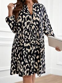 EMERY ROSE 加大码V领长袖全印花宽松优雅秋季连衣裙 - 彩色 - 查看 5