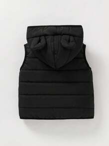SHEIN Baby Boy Cotton Padded Vest With Hood And Ear Design, Black Color, Casual Style For Outings, Home Leisure, And Party Occasions, Suitable For Winter Hooded Baby Vest Baby Boy Winter Vest Toddler Vest Baby Boy Vest Baby Vest With Hood Black Baby Vest Baby Bear Vest Fall - Black - View 2