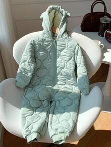 SHEIN Zielony, teksturowany, termiczny, podszyty, swobodny, w stylu vintage, chłopięcy kombinezon typu "wszystko w jednym", z kapturem i długim rękawem, odpowiedni do zabawy na śniegu, na jesień/zimę