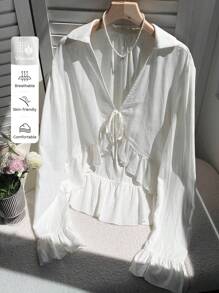 Comfortcana 女士休闲百搭白色荷叶边系带衬衫，返校白色荷叶边夏季衬衫，长袖荷叶边系带前衬衫，波西米亚风，商务休闲女装，教师装，乡村音乐会，秋季，早午餐，西部服饰