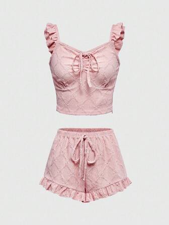 Kawaii Summer Casual Textured Floral Women Pajama Set