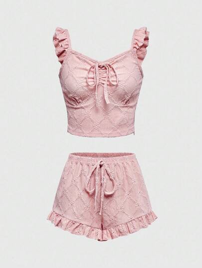 Kawaii Summer Casual Textured Floral Women Pajama Set