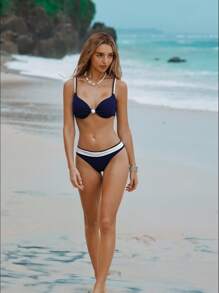 Swim Basics 2 Stücke/Set Damen Sommer Strand Urlaubs Mode unifarbener Push-Up gepolsterter Bikini Badeanzug Set