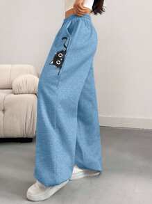 EURMUSE Pantalones de chándal con cordón y estampado de gato de dibujos animados para mujer de talla grande - Celeste - Ver 3