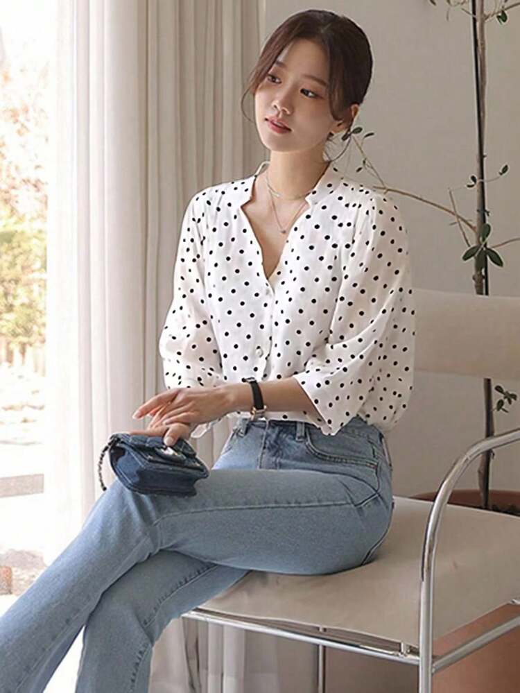 Women's V-Neck Polka Dot Printed Elegant Casual Blouse,Ruffle Long Sleeve Top