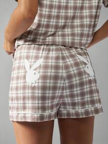 Missguided x Playboy Christmas Button Up Collared Checked Pajama Set With Shorts - Multicolor - View 5