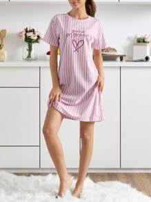 SHEIN Women Striped With Round Neck Cute Lettered&Heart Print Short Sleeved Pajama Night Dress Women Sleepwear Dress Night Dress Sleepwear Women Pajama Dress Short Nightgown Womens Nightdress