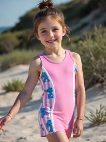 SHEIN GraphicGems Young Girl Summer Beach Resort Cartoon Rabbit & Striped Print One-Piece Swimsuit - Multicolor - View 5