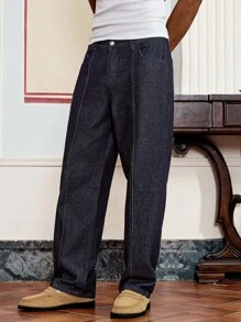 SWAVVY 男士修身休闲长款直筒牛仔裤 - 深色水洗藍 - 查看 3