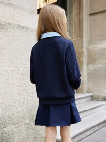 SHEIN Explorewe 少女撞色二合一长袖T恤搭配休闲百褶裙，适合上学、日常通勤 - 藏蓝色 - 查看 2
