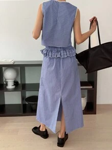 DAZY 女式无袖格子上衣和荷叶边下摆短裙两件套 - 藍色 - 查看 2