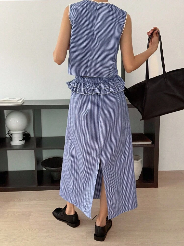 Women's Sleeveless Plaid Top And Ruffle Hem Skirt 2 Pieces Set