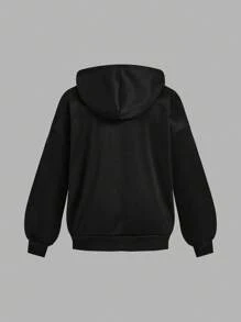 SHEIN EZwear 大码女式休闲刺绣图案大码长袖宽松连帽运动衫，带口袋 - 彩色 - 查看 2