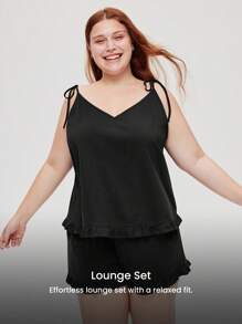 LUVLETTE 女士加大码透气黑色100%纯棉V领吊带背心和短裤套装，轻盈舒适，居家休闲可爱睡衣套装，带口袋，浪漫居家舒适之选
