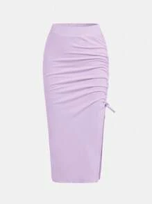 SHEIN Girlism 2件套青少年女童合身休闲针织紧身褶边长裙 - 淡紫色 - 查看 5