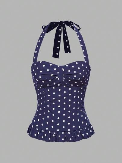 ROMWE Avant Conjunto de camiseta sin espalda con cuello halter de estilo romántico de vacaciones con lunares y cuadros para mujer