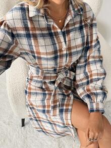 SHEIN LUNE Vestido camisero casual de mujer de manga larga a cuadros, vestido a cuadros de mujer de manga larga, vestido camisero a cuadros de mujer, vestido a cuadros de mujer para otoño