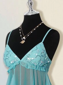 SHEIN ICON Women's Summer Casual Vacation Ruffle Trim Camisole Top & Mini Skirt 2 Pieces Set Fall Women Clothes Aqua Dress Sequin Dress - Teal Blue - View 4