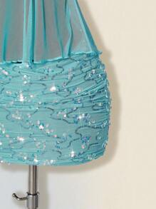 SHEIN ICON Women's Summer Casual Vacation Ruffle Trim Camisole Top & Mini Skirt 2 Pieces Set Fall Women Clothes Aqua Dress Sequin Dress - Teal Blue - View 5