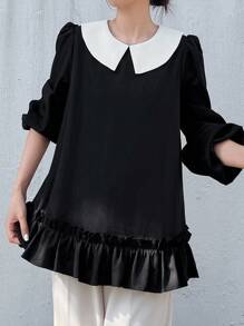 FRIFUL 女式黑色撞色翻领肩部褶皱宽松休闲下摆褶皱宽松休闲百搭衬衫，秋季长袖上衣