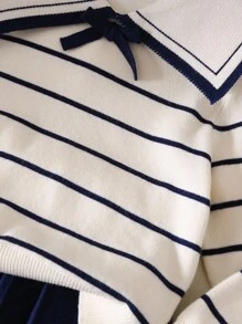 Souflis Souflis Collegiate Style Navy Collar Set, Striped Long Sleeve Sweater And Pleated Mini Skirt Young Girl Skirt Set Girls Skirt Set Pleated Skirt Set Girls Sailor Outfit Nautical Outfit Pleated Skirt Sets 2pcs Set Young Girls School Clothes Sets Girl Clothes Skirt Set Young Girls Sweater Young Girls Fall Outfits Young Girls Winter Clothes Fall Clothes - White - View 5
