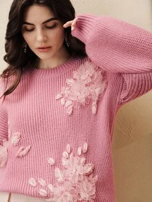 Anewsta Pink Floral,Autumn,Elegant,Date New Thick Pullover Sweater,Floral 3D Embroidery Knitted Sweater,Loose Fit Long Sleeve Casual Slouchy Knit Top,Chic - Pink - View 1