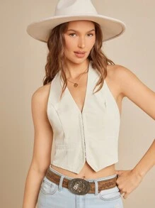 WESTFADE Mix-Media Stretch Twill & Ditsy Blumen Muster Webhalter Ausschnitt Spaltung Saum Rückenfrei Passform Schal Krawatte Weste Top Landkonzert Süß Damen Sommer Tops Europäisch - Creme - Übersicht 2