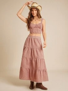 WESTFADE Cotton Blend Gingham High Waist Ruffle Tiered Maxi Skirt Back To School Fall Clothes Country Summer Beach Vacation - Multicolor - View 6