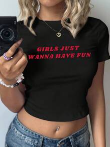 SHEIN EZwear Casual Minimalist Pattern Round Neck Short Sleeve Fitted Cropped Women T-Shirt, Suitable For Summer - Black - View 8