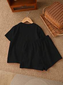 SHEIN Leap Crew Bộ quần short tay ngắn 2 món họa tiết da báo và nơ cổ điển, thường ngày tối giản dành cho bé gái tuổi teen, phù hợp cho mùa hè - màu đen - Xem 3