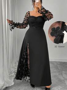 Cravure 大码女式方领收腰3D花卉拼接优雅浪漫A字长袖超长连衣裙 - 黑色 - 查看 3