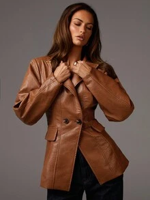 Athîral Women's Lapel NeckLong Sleeve Double-Breasted Fashion Blazer In Fall/Winter - Brown - View 1