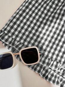 Comfortcana Plus Size Women's Casual Black & White Plaid Ruffle Hem Shorts, Suitable For Summer - Red - View 4