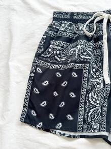 Soleia Paisley Print Drawstring Waist Shorts - Black and White - View 6