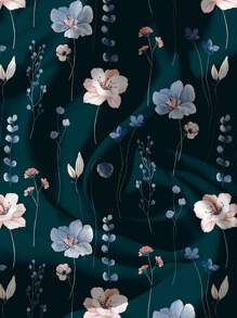 SHEIN LUNE Plus Size Women Casual Floral Print Cap Sleeve Blouse, Suitable For Summer - Dark Green - View 5