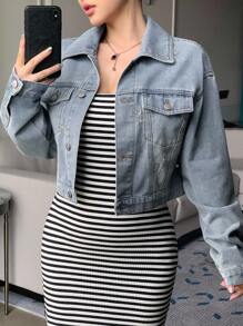 DAZY 女式落肩长袖休闲宽松牛仔夹克，秋季女装 - 淺色水洗藍 - 查看 8