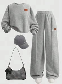 SHEIN 少女宽松休闲简约舒适圆领长袖短款连帽衫和裤子套装 - 灰色 - 查看 2