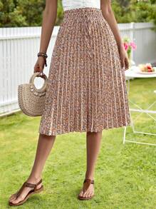 KARISMINA Ditsy Floral Print Knot Front Pleated Skirt